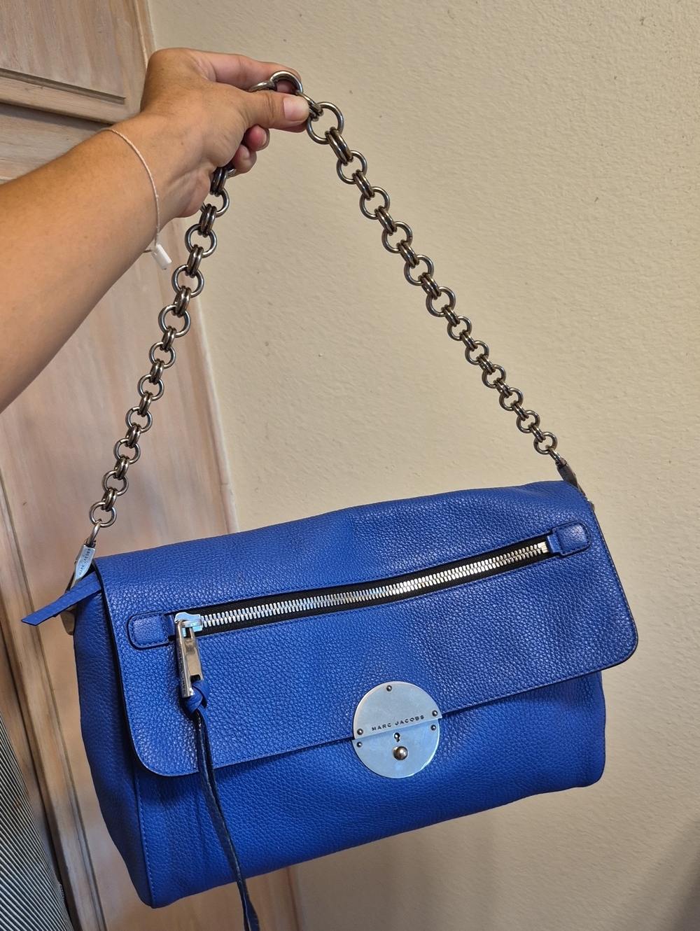 Marc Jacobs Gotham Blue Pebbled Leather Silver Chain Shoulder / Hand Purse Bag